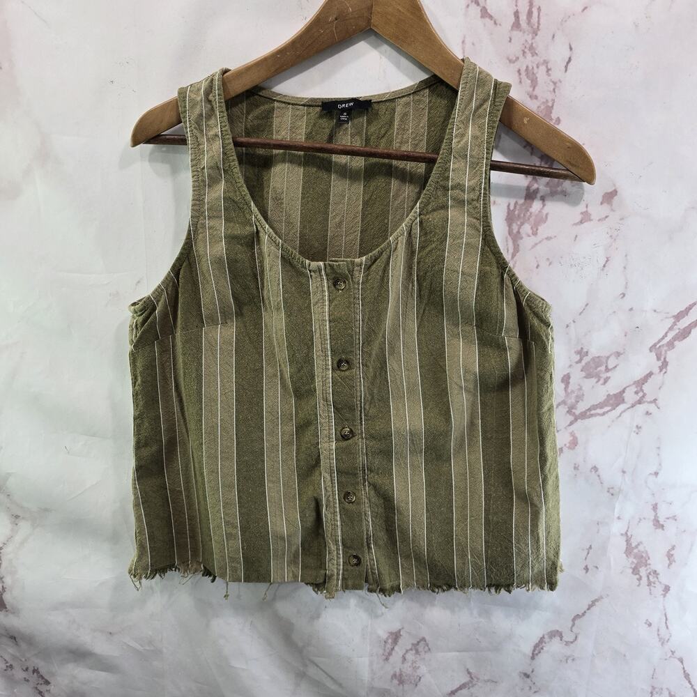 Anthropologie Tank Top Womens Small Green Striped Crop Button Drew Olive